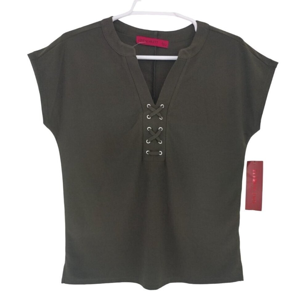 Love Scarlett Olive Green Lace-Up V-Neck Short Sleeve Women's Shirt Size L